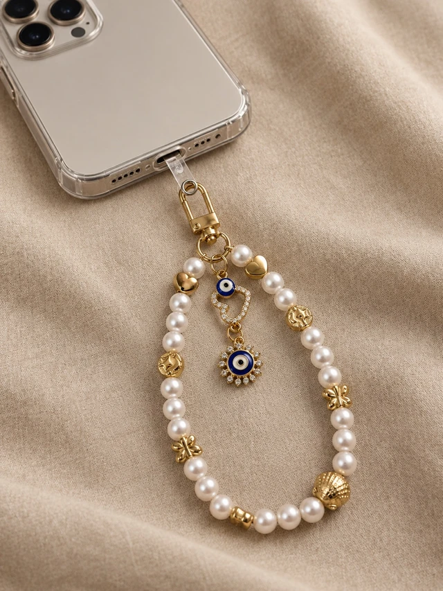 Pearl Evil Eye Golden Heart Phone Charm