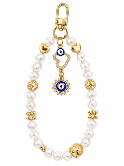 Pearl Evil Eye Golden Heart Phone Charm
