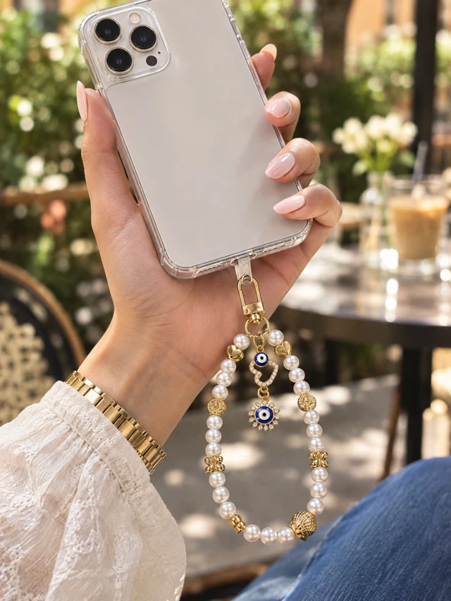 Pearl Evil Eye Golden Heart Phone Charm