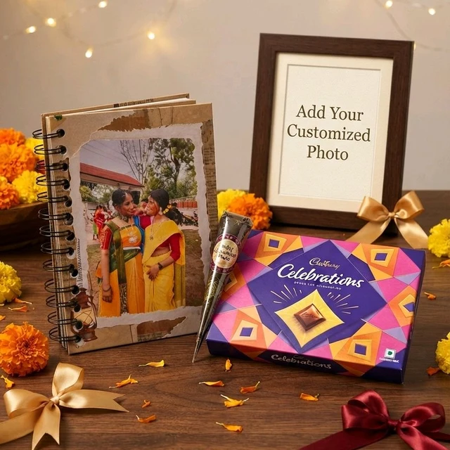 Raksha Bandhan Special Gift Hamper (Mini Album16pg+Medium Celebration Chocolate+One Mehndi+4/6in Custom Photo Frame)