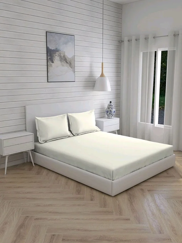 King size BedSheet Plain 400 Tc Cotton Double Bed sheet Heavy Thread Count 108 Inch X 108 Inch Ivory Colour 