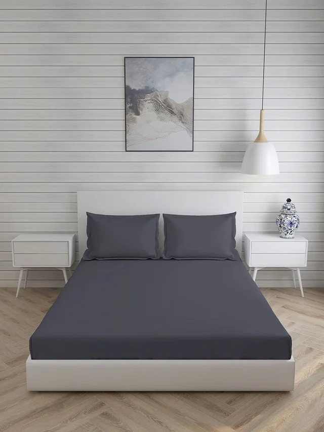 King size BedSheet Plain 400 Tc Cotton Double Bed sheet Dark Grey