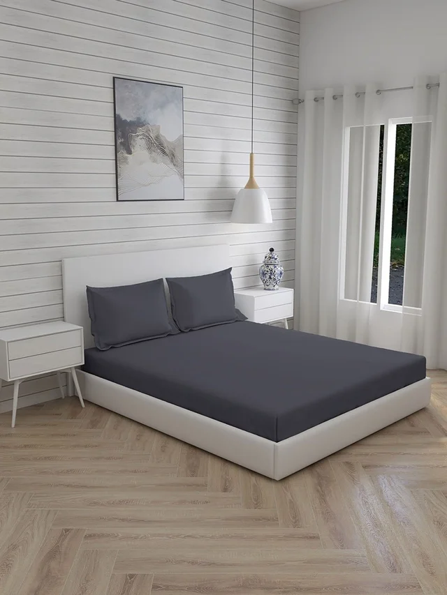 King size BedSheet Plain 400 Tc Cotton Double Bed sheet Dark Grey