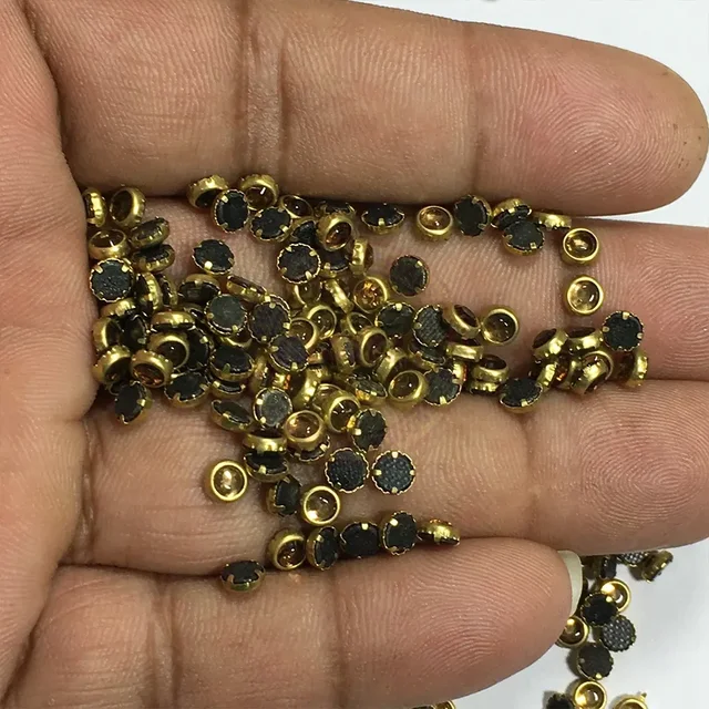 Kundan Stone 4mm Color Gold Flat Back Framed Round Shape - Gold, 50gms, 4MM, Round
