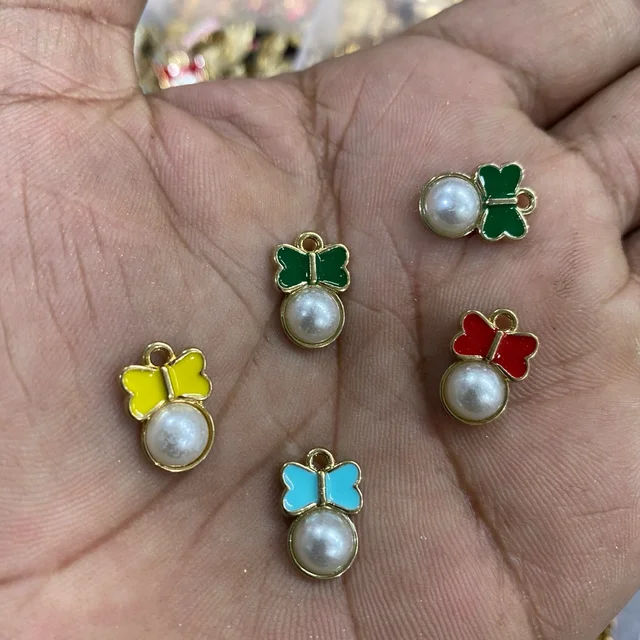 Butterfly With Pearl Bead Charms (Random Colors) - Pack of 6pcs