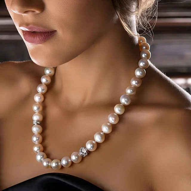 Pearl Necklace  with  LGD Diamond Motif - Certified Fresh Water Cream Pearl