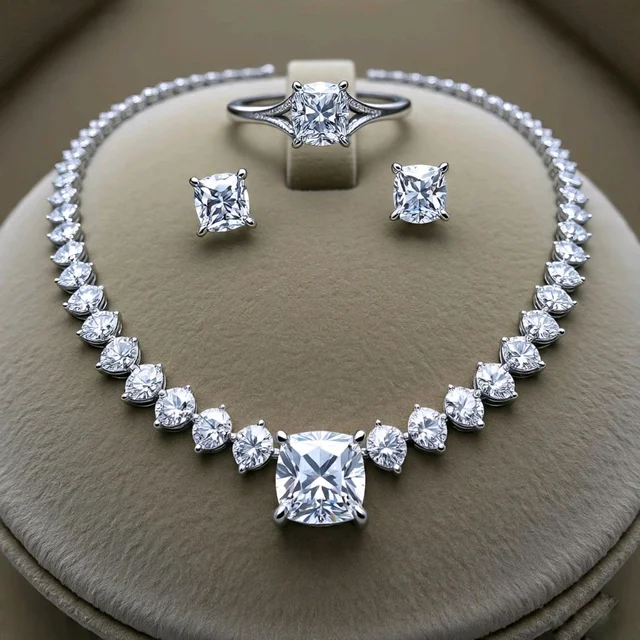 Solitaire Cushion & Round Set - Necklace, Earrings, Ring 
