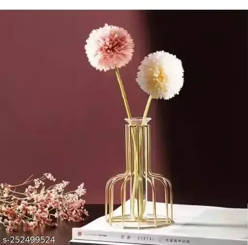 Glass Propagation Station with Metal Frame|  Flower Decoration Gold Vase 6 Inch (Pack of 1)