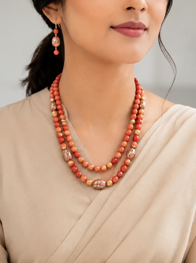 2-layer beaded necklace set features perfectly matched beads and coordinating earrings