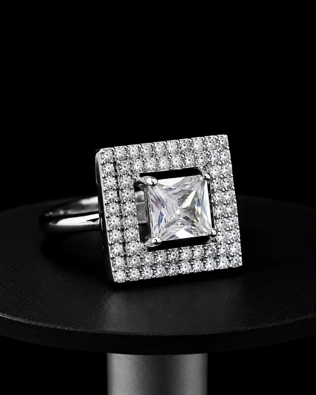 HJ Princes Cut American Diamond Adjustable Ring - hrc-010 - Rhodium Plating, Free Size, Adjustable, Maroon