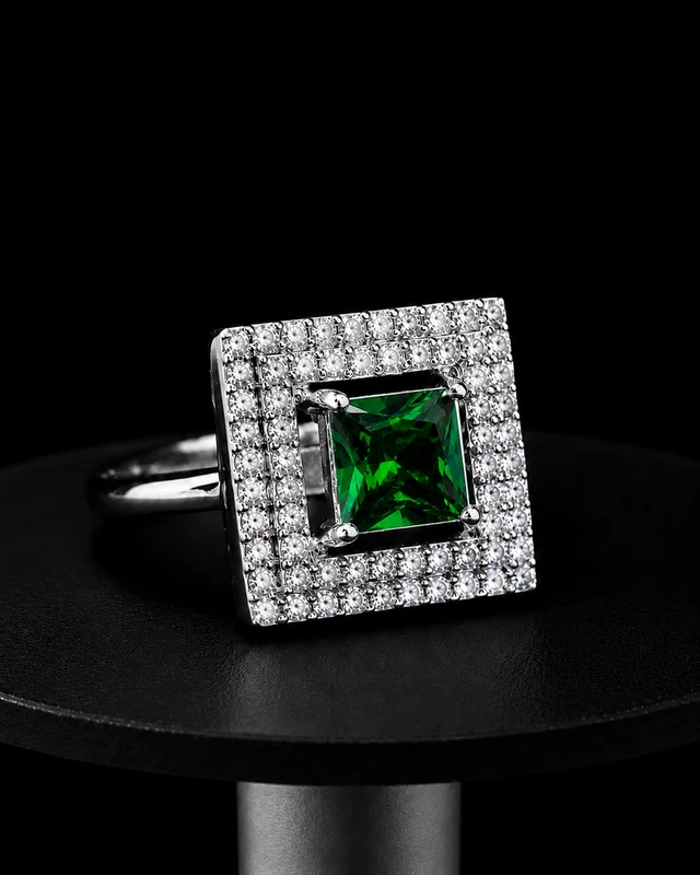 HJ Princes Cut American Diamond Adjustable Ring - hrc-010 - Rhodium Plating, Free Size, Adjustable, Maroon