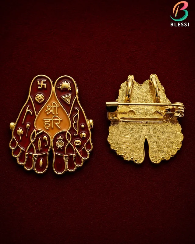 Blessi Shri Swaminarayan Bhagwan Charnarvind Brooch cum Pendant - Hb009 - Gold Plating, Maroon