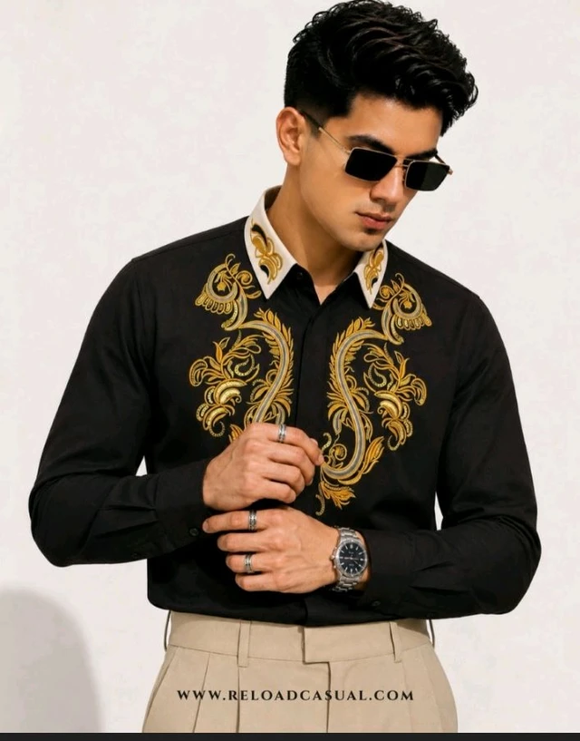 Solid Mens Embroidery Contrast Colour Design Silm Fit Shirt