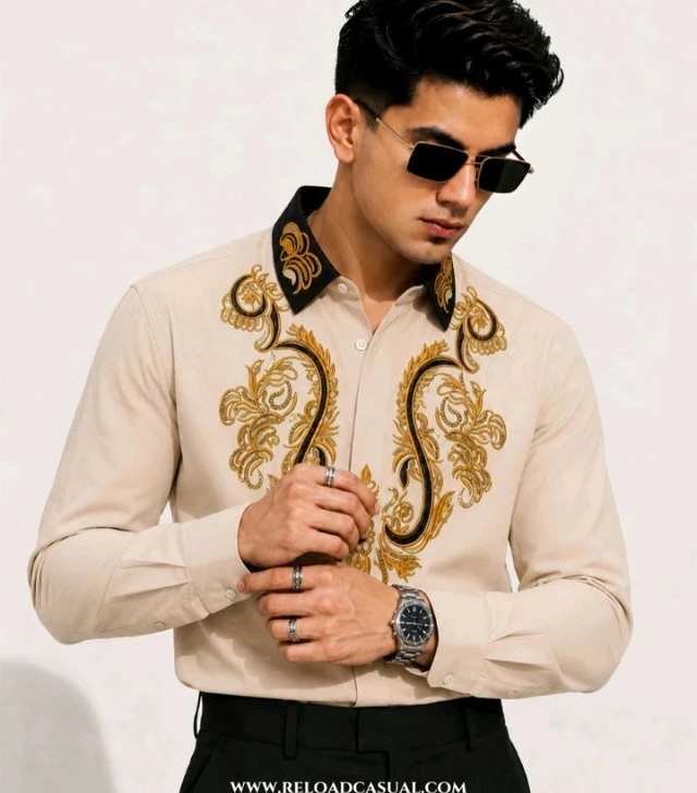 Solid Mens Embroidery Contrast Colour Design Silm Fit Shirt