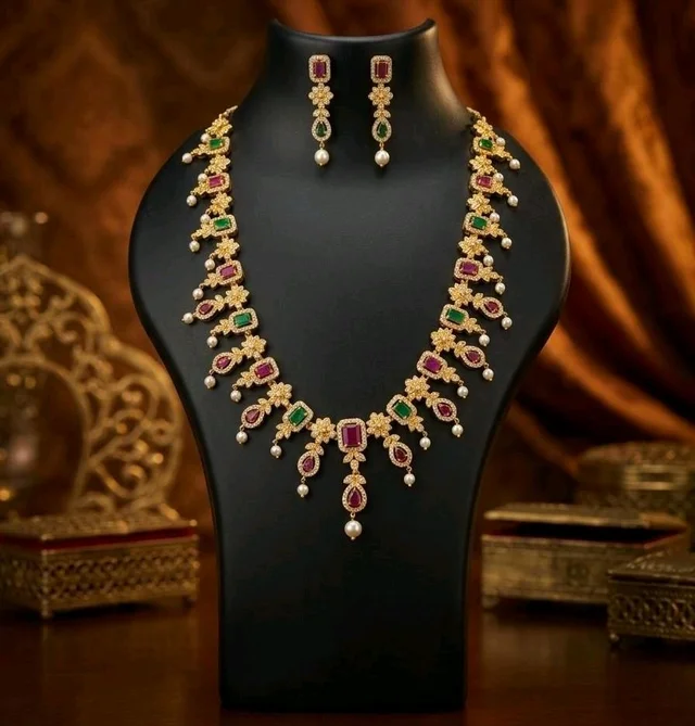 Ruby and green cz stone with premium quality.necklace