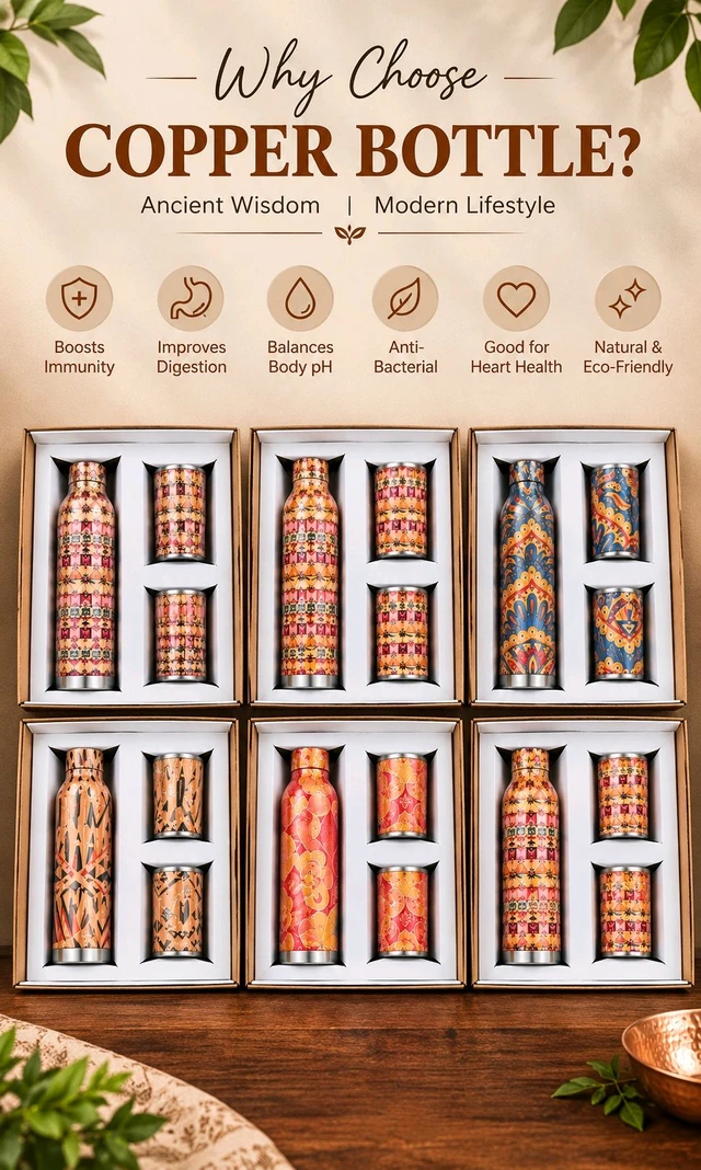 Copper Bottle And Two Glass Gift Set 