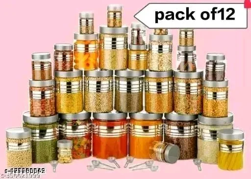 Thesikuway Plastic Pet Storage Jar and Container, 12 pcs With Spoons Air Tight | Kitchen Organiser Improved Mod - Silver