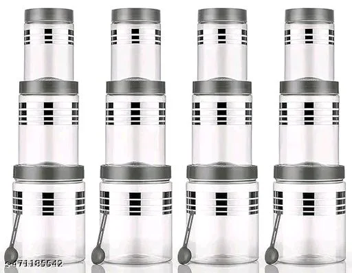 Thesikuway Plastic Pet Storage Jar and Container, 12 pcs With Spoons Air Tight | Kitchen Organiser Improved Mod - Silver