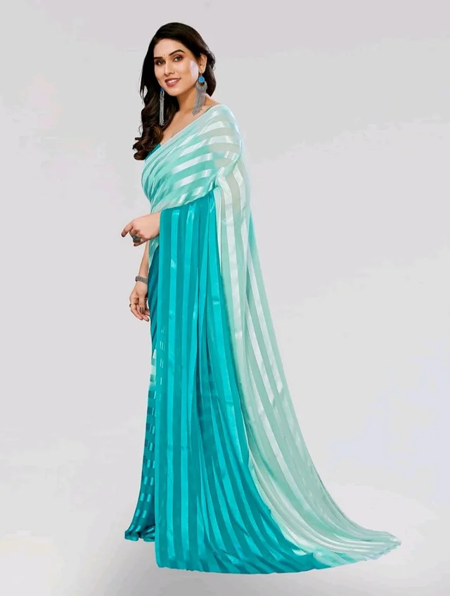 Thesikuway Women's Satin Stripe Georgette Saree with Unstitched Blouse piece - Cerulean, FREE SIZE