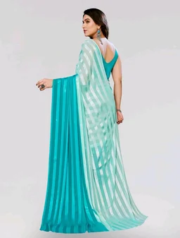Thesikuway Women's Satin Stripe Georgette Saree with Unstitched Blouse piece - Cerulean, FREE SIZE