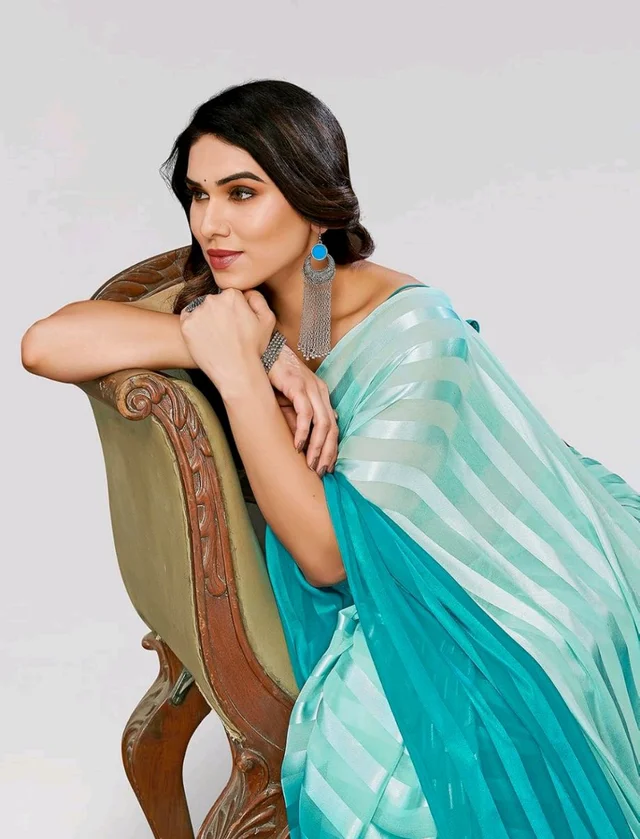 Thesikuway Women's Satin Stripe Georgette Saree with Unstitched Blouse piece - Cerulean, FREE SIZE