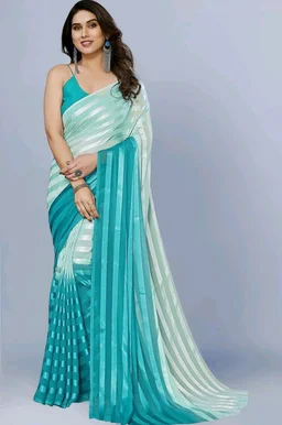 Thesikuway Women's Satin Stripe Georgette Saree with Unstitched Blouse piece - Cerulean, FREE SIZE