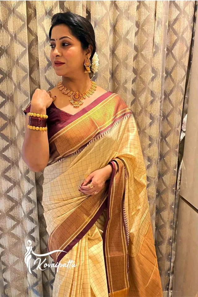 Thesikuway Traditional Paithani Silk Saree, Cream and Maroon with Gold Border, Checkered Pattern - Free Size, Old Gold