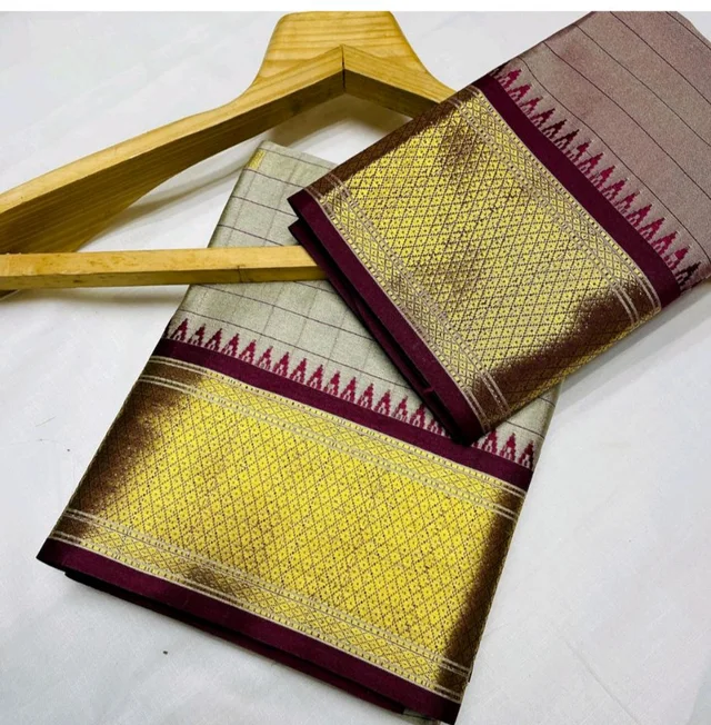 Thesikuway Traditional Paithani Silk Saree, Cream and Maroon with Gold Border, Checkered Pattern - Free Size, Old Gold