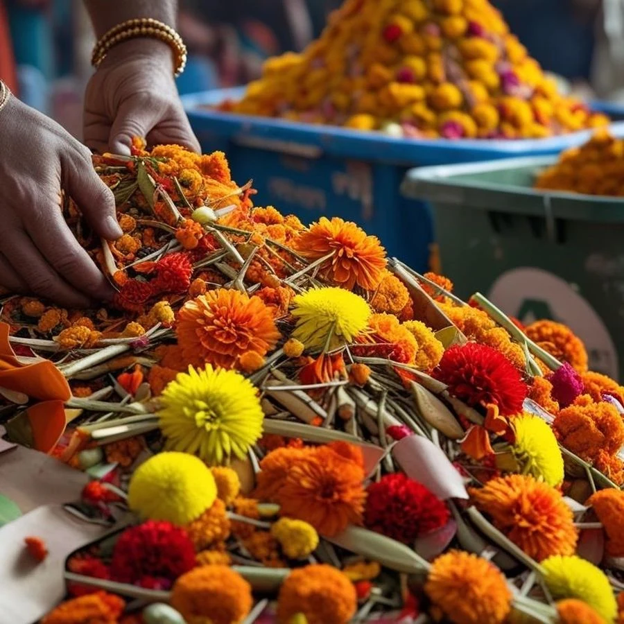 Used pooja flowers collected for recycling
