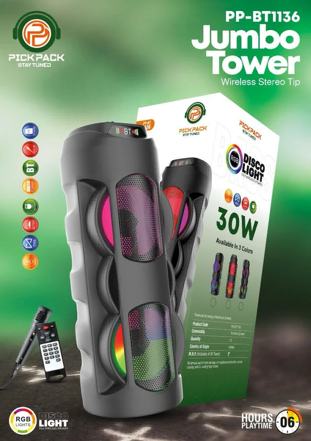 PICKPACK PP-BT1136(PORTABLE BLUETOOTH JUMBO TOWER SPEAKER) solid base Sound, Wireless stereo tower Bluetooth Speaker with Mic and Remote - Black