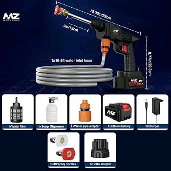 ๐ซ MZ Portable WG02 Cordless High Pressure Cleaning Water Spray Gun with Double Battery - Black