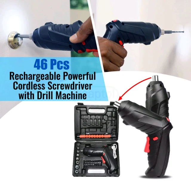 MZ 🔧 46-in-1 Rechargeable Cordless Screwdriver Drill Machine Set - Black