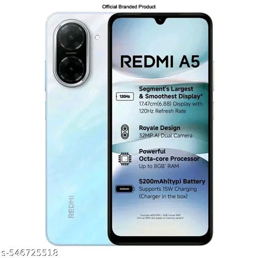 Catalog Name:*Redmi A5 3GB 64GB Jaisalmer Gold*
Battery Capacity: 5200mAh
Battery Type: Lithium Ion
Brand: Xiaomi
Cellular Technology: 4G
Color: Product Dependent
Connectivity Technology: Bluetooth, Wi-Fi
Connector Type: USB Type C
Display Type: Dot Drop HD+ display
Front Camera Resolution: 8MP
Generic Name: Smartphone
Included Components: Mobile Phone
Warranty: 1 Year
