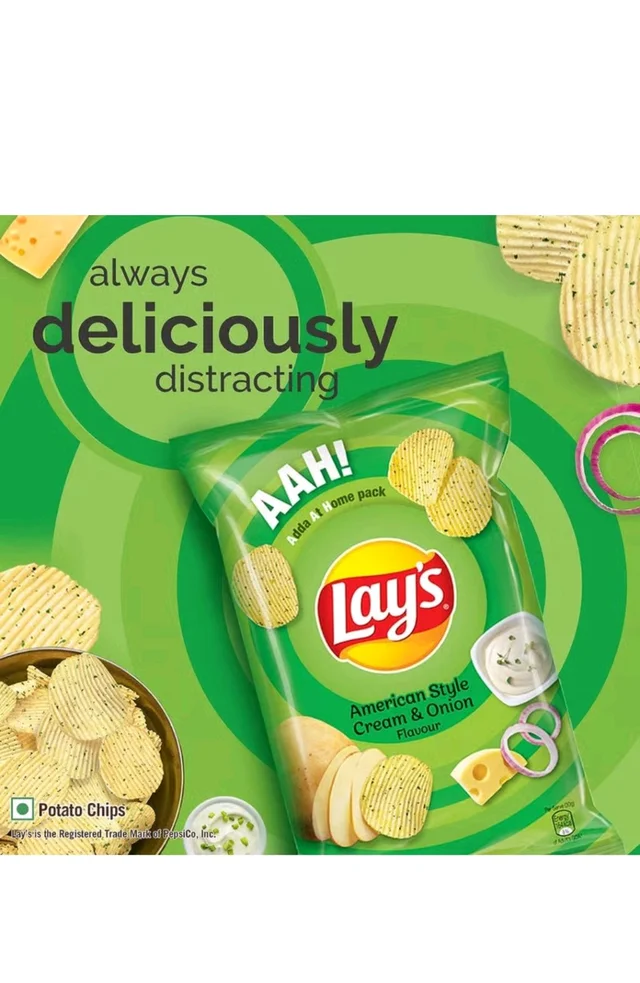Frito-Lay. Lays American Style Cream & Onion - 52.9 gm. - Green, 40 gm.