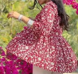 FASHION STREET Beautiful trendy V NECK top is a red and white floral patterned tunic or peplum-style top - Paprika, L