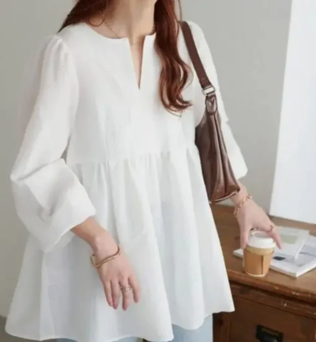 white peplum-style top White top women women's white Casual white colour top-Peplum or Babydoll Tunic - Hex, L