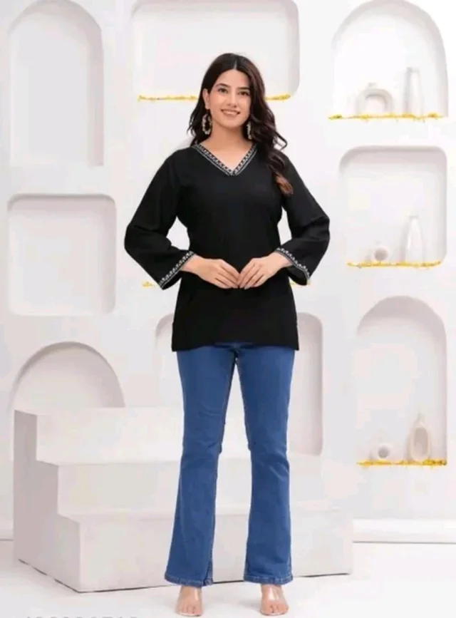New Cotan Embroidery Work Top And Short-Kurti For Women - M