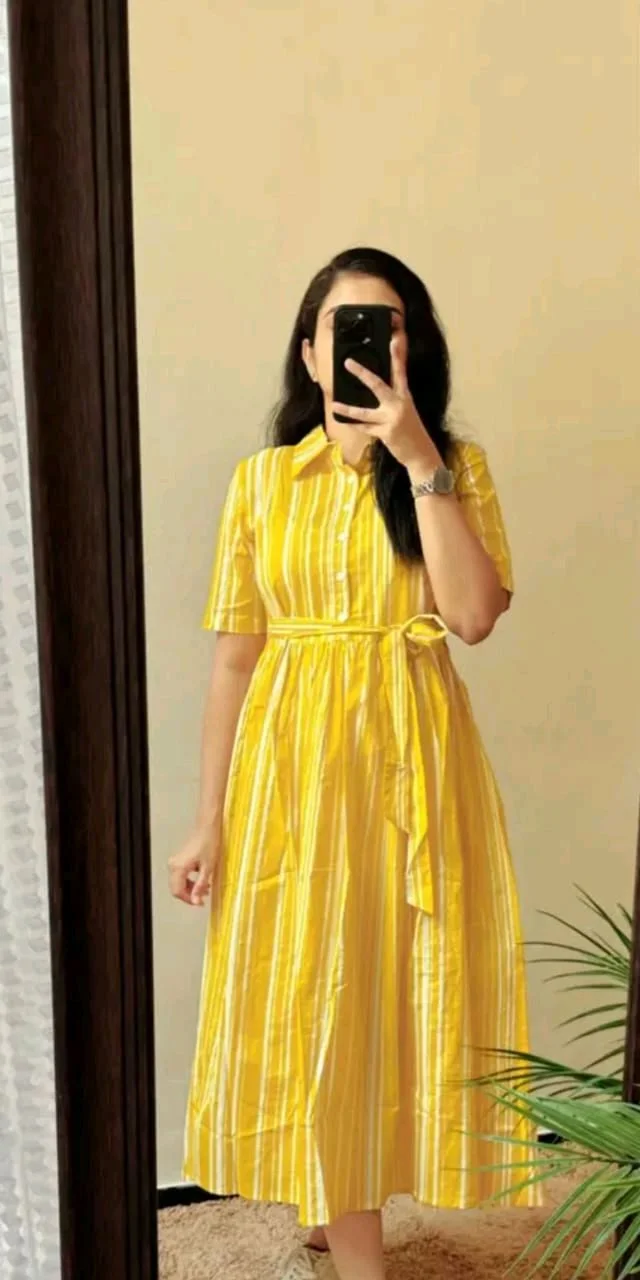 "Striped Yellow Midi Dress" - Gold, S
