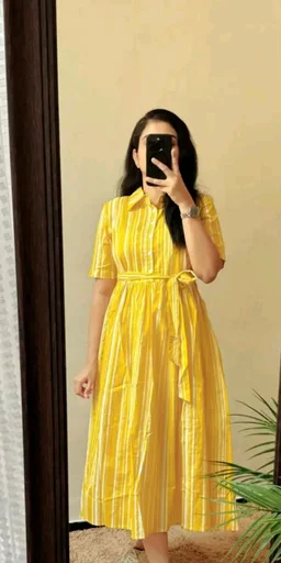 "Striped Yellow Midi Dress" - Gold, L