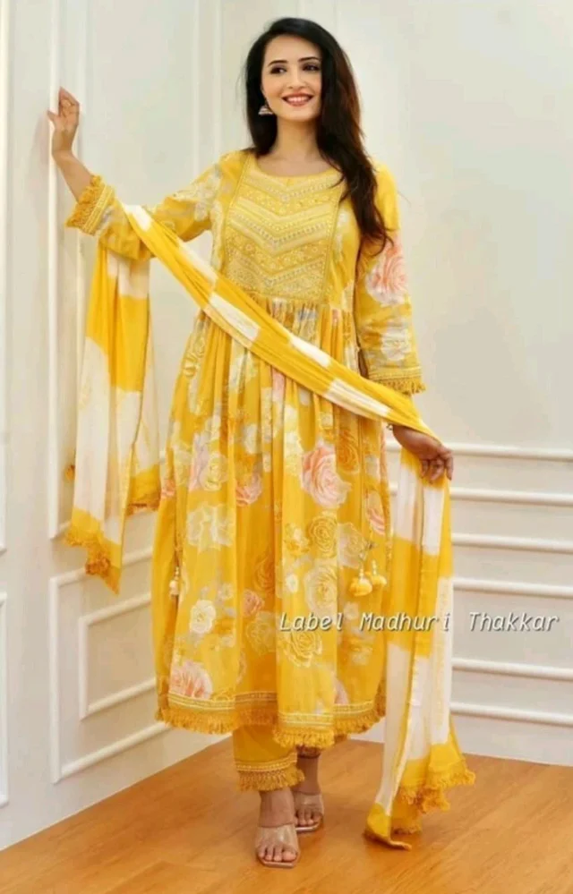 "A Vibrant Yellow Floral Anarkali Suit" - S