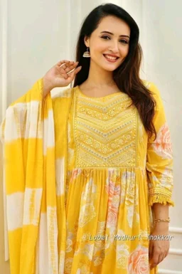 "A Vibrant Yellow Floral Anarkali Suit" - L