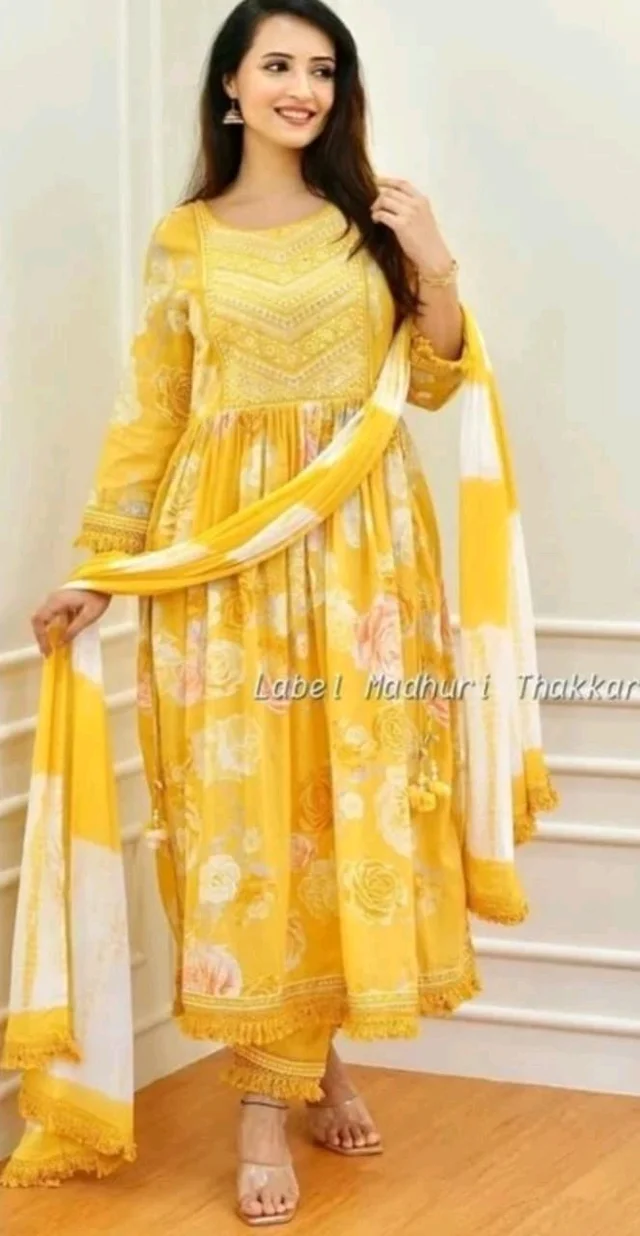 "A Vibrant Yellow Floral Anarkali Suit" - XL