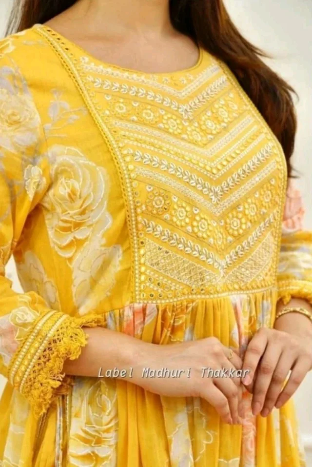 "A Vibrant Yellow Floral Anarkali Suit" - XL