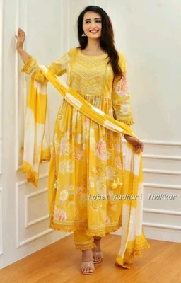"A Vibrant Yellow Floral Anarkali Suit" - XLL