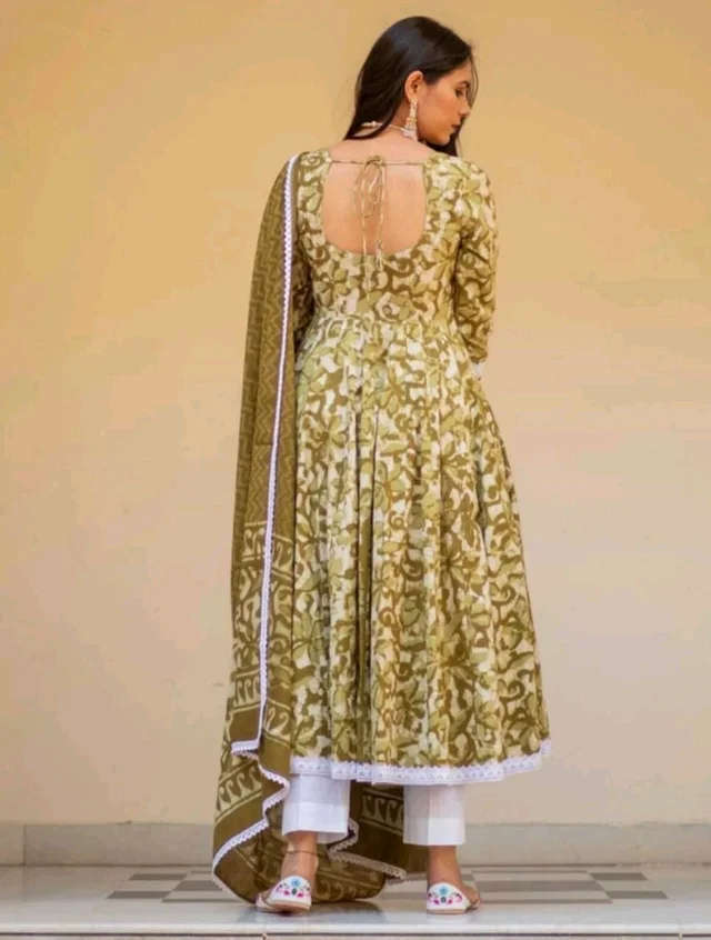 "Olive Green Floral Anarkali Suit with White Lace Trim" - S