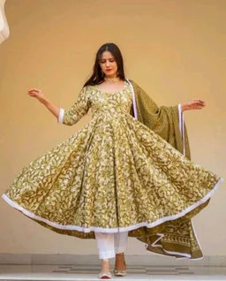 "Olive Green Floral Anarkali Suit with White Lace Trim" - S