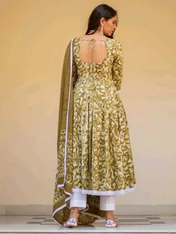 "Olive Green Floral Anarkali Suit with White Lace Trim" - M