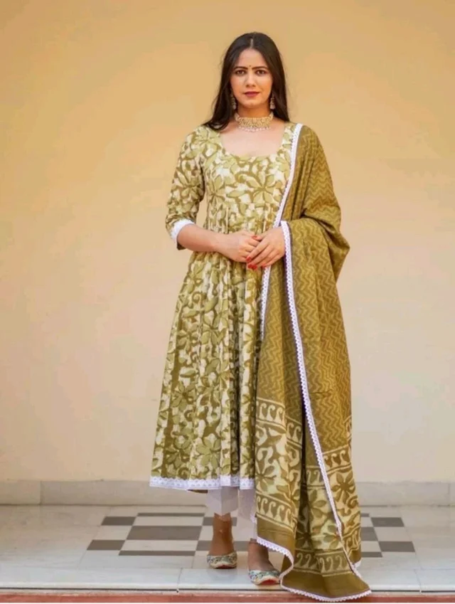 "Olive Green Floral Anarkali Suit with White Lace Trim" - L