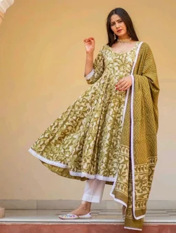 "Olive Green Floral Anarkali Suit with White Lace Trim" - L