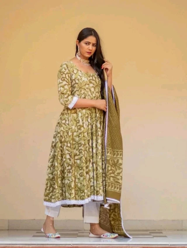 "Olive Green Floral Anarkali Suit with White Lace Trim" - L